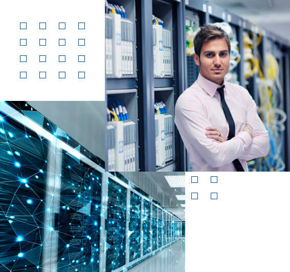 Imagem Homem de camisa e gravata com um servidor de computador ao fundo
